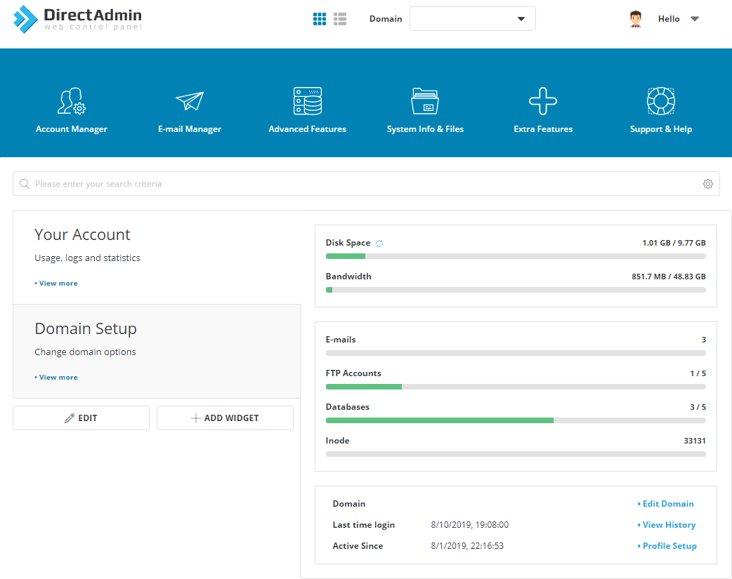 Directadmin dashboard